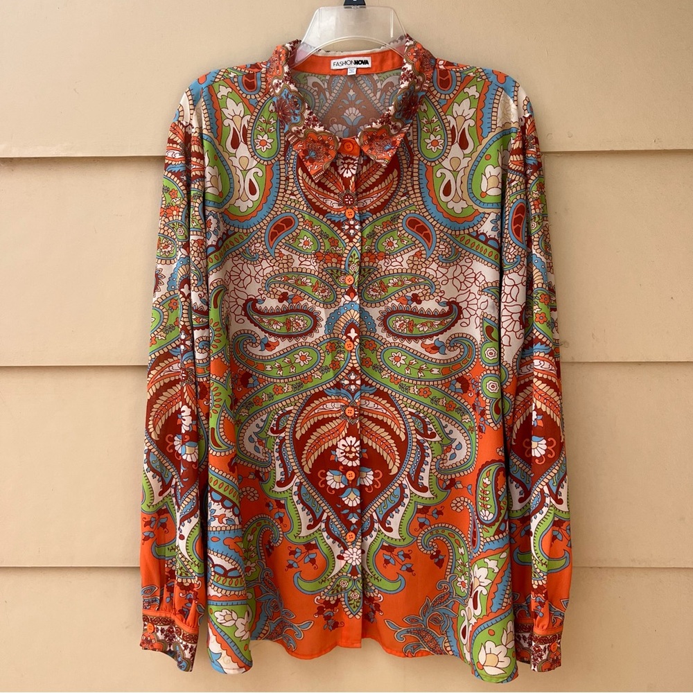 Fashion Nova Orange Paisley Button-Up Blouse